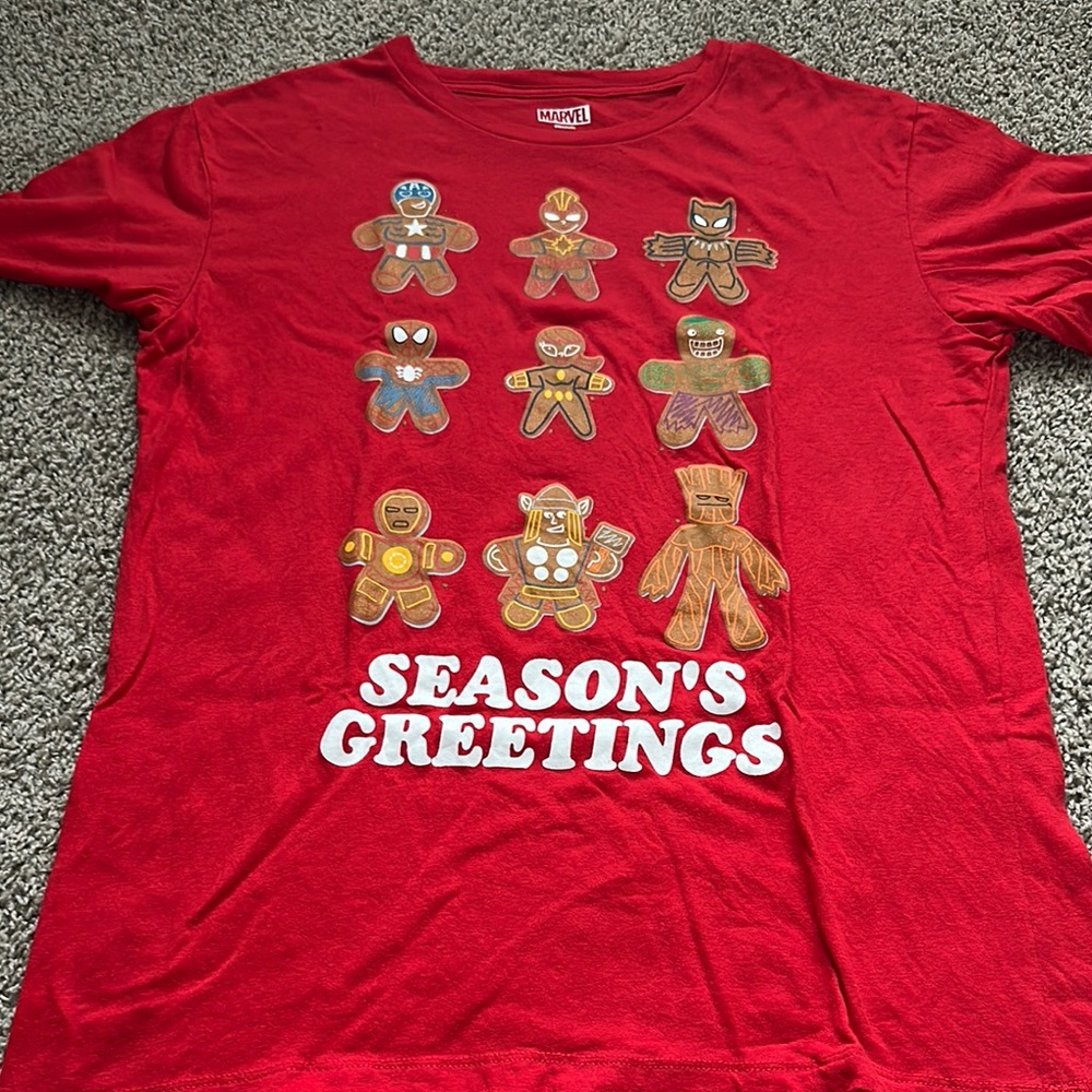 Marvel Red Holiday T-Shirt with Gingerbread Heroes